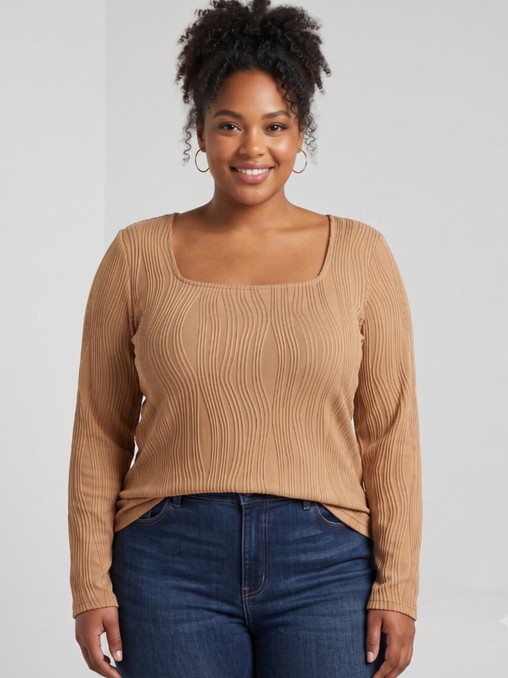NWT | Nude Tan Wavy Textured Long Sleeve Square Neck Fitted Top | XXL